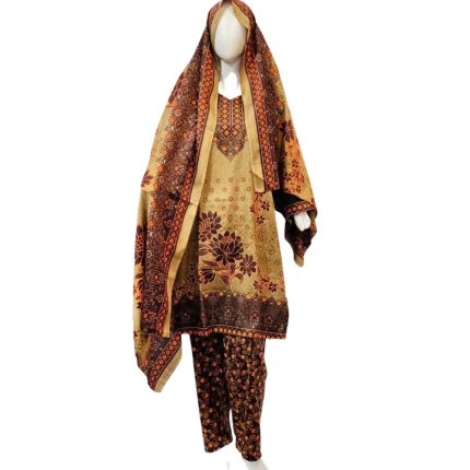 3 Pcs Linen Printed Suit Dark Brown