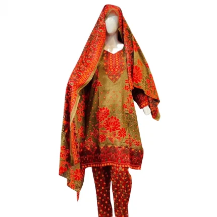 3 Pcs Linen Printed Suit Red