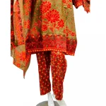 3 Pcs Linen Printed Suit Red Trouser