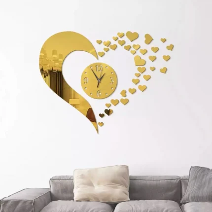 Heart Shape Acrylic Wall Clocks Mirror (golden)