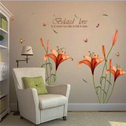 PVC orange flowers butterfly leaf wall stickers